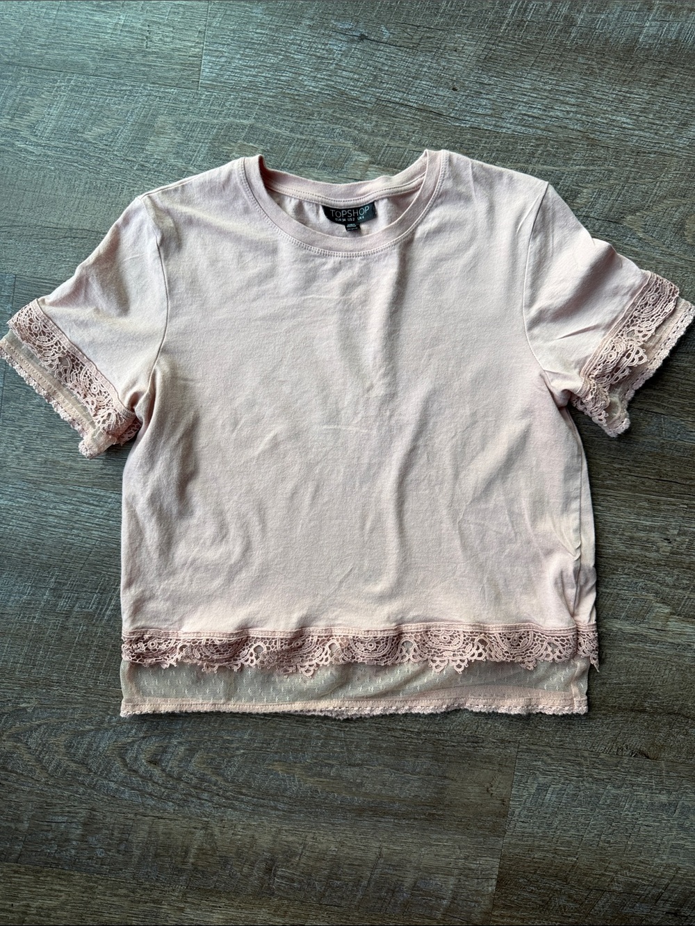 Topshop Pale Pink Lace-Trim Short Sleeve Tee